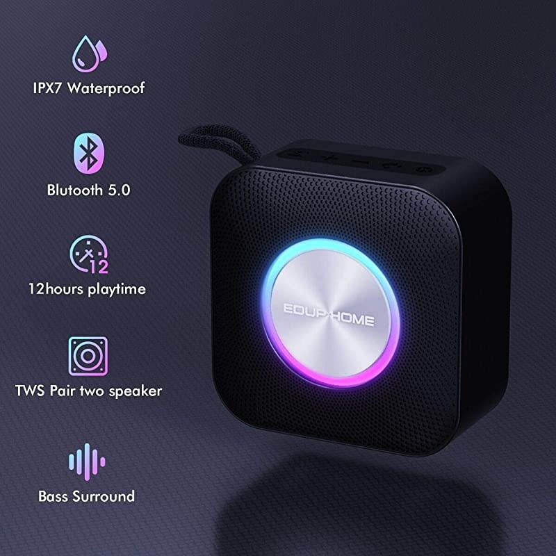 50 Bluetooth Speaker Stereo 15W with Mic Hand Free Call IPX7 Waterproof Louder Volume 12 H Playtime 80 Ft Wireless Range Speakers with Pulsating Lights for Home Party Music Black
