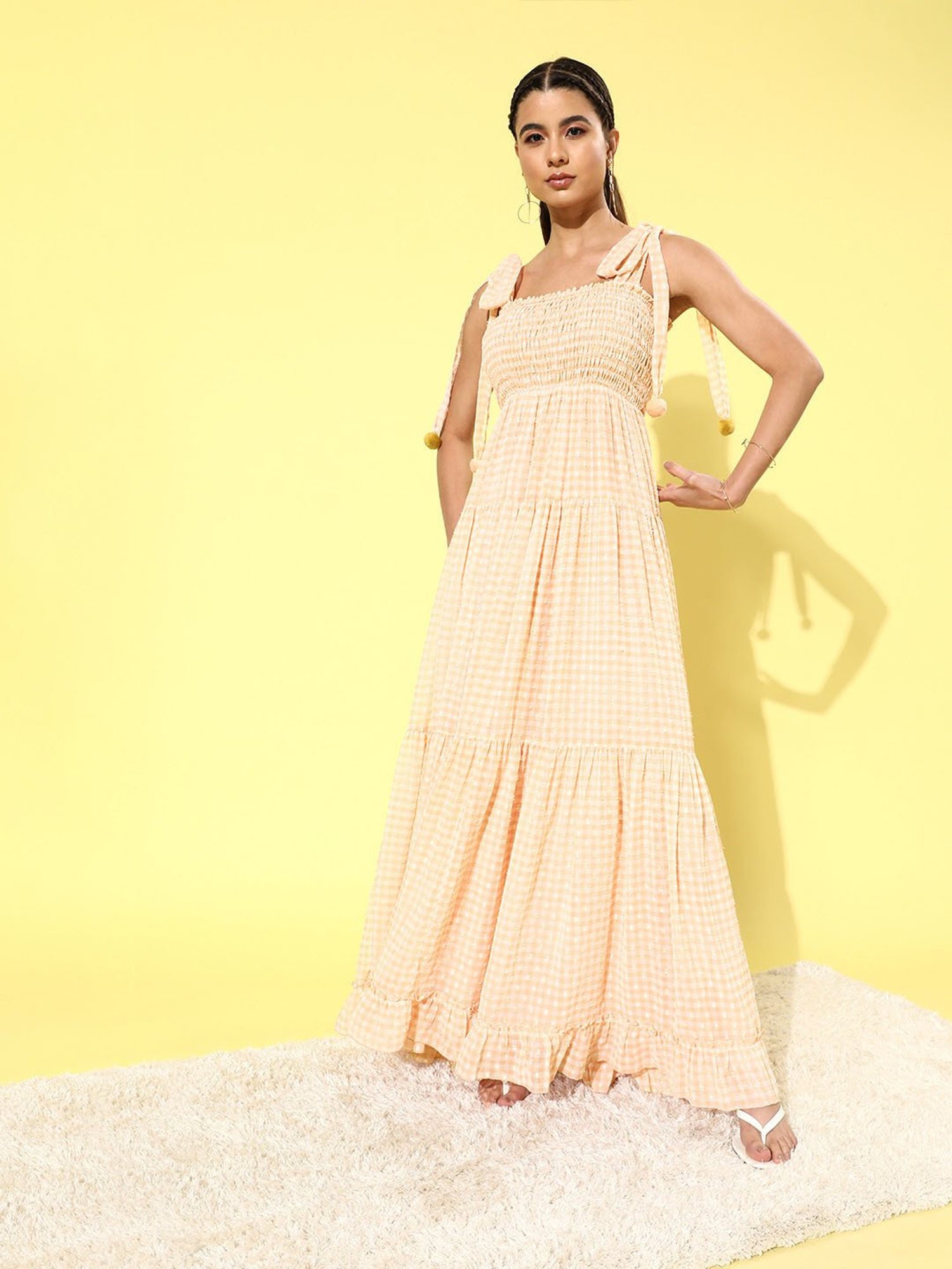 QUIERO Peach Checks Fit & Flare Dress