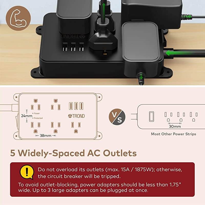 Power Strip with USB  Surge Protector Flat Plug with 5 WidelySpaced Outlets ETL Listed 1300 Joules Wall Mountable 5ft Extension Cord for Kitchen Garage Laundry Room Behind TV Black