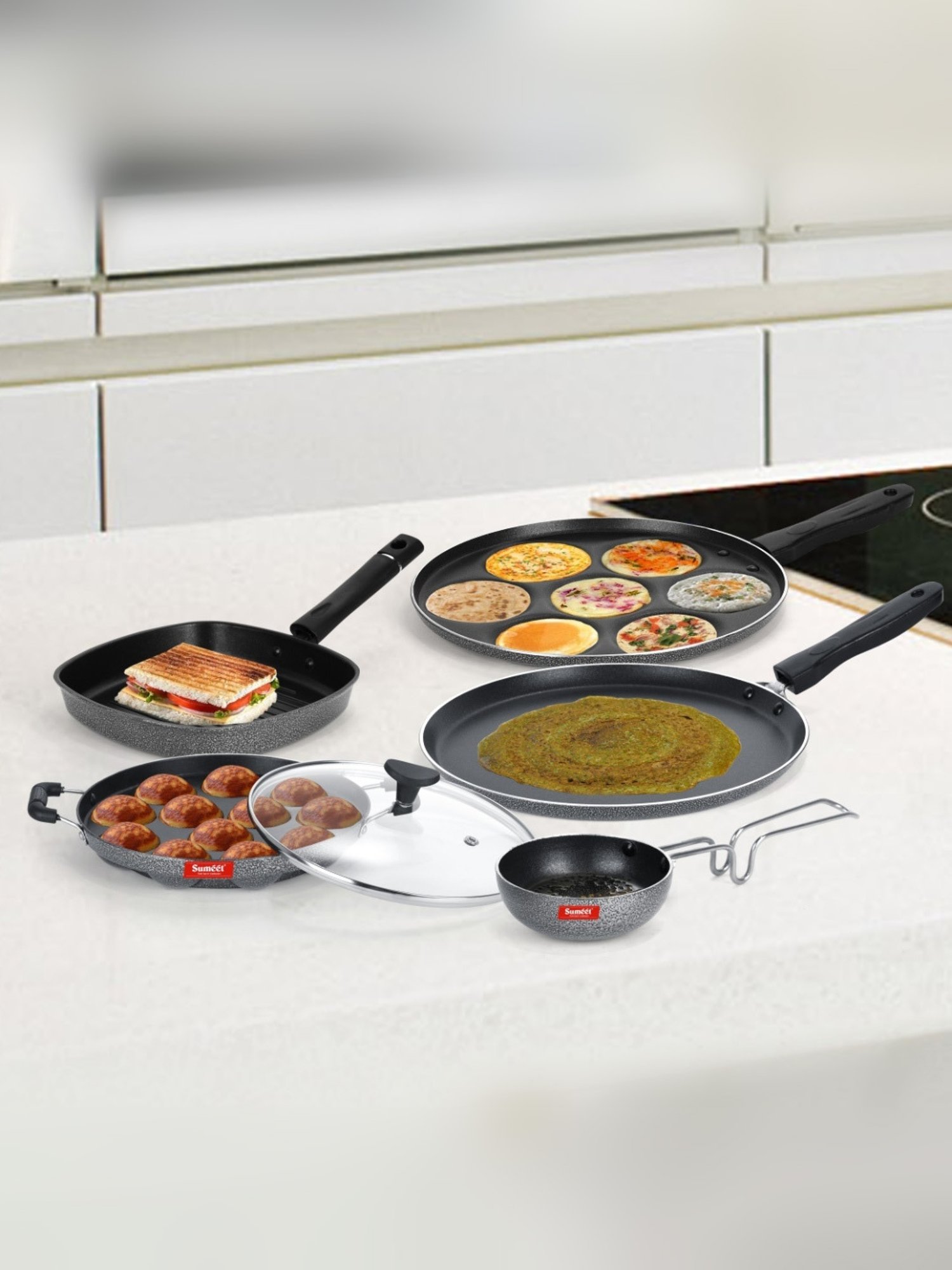 Sumeet NonStick Cookware Set (Dosa Tawa+Snack Maker+Appam Patra & Glass Lid+Grill Pan+Tadka pan)