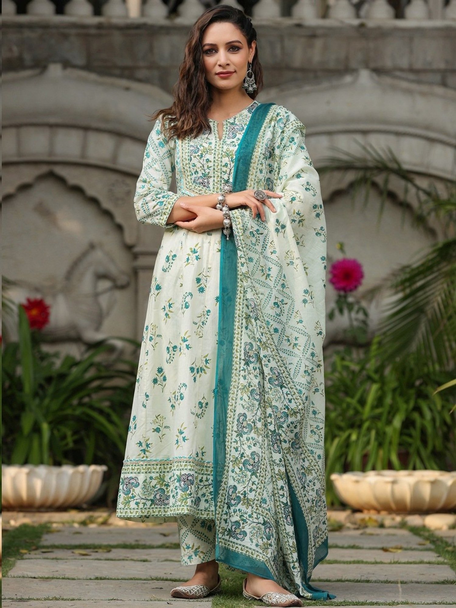 Rain and Rainbow Green Cotton Printed Kurta Pant Set With Dupatta