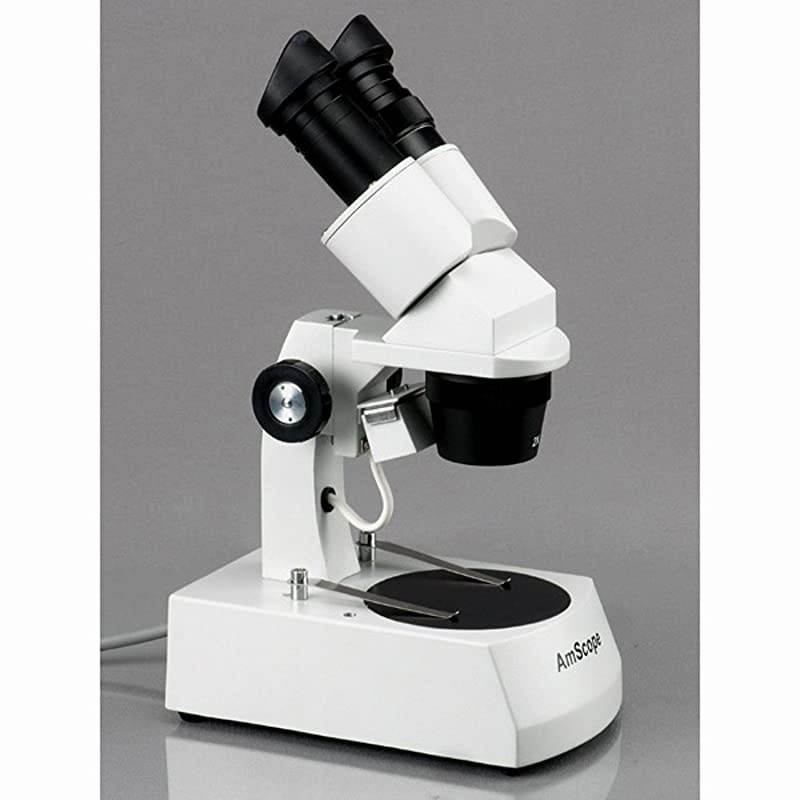 SE305-A Binocular Stereo Microscope, WF10x Eyepieces, 10X and 30X Magnification, 1X and 3X Objectives, Upper and Lower Halogen Lighting, Reversible Black/White Stage Plate, Arm Stand, 120V