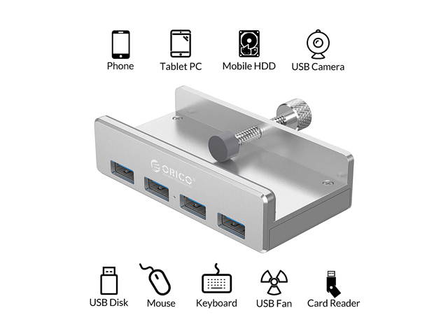 ORICO MH2AC-U3 Aluminum 2 Ports USB 3.0 Clip-type HUB With SD Card Reader For Desktop Laptop Clip Range 10-32mm With 4.95FT ( 1.5Meter) Date Cable - Silver