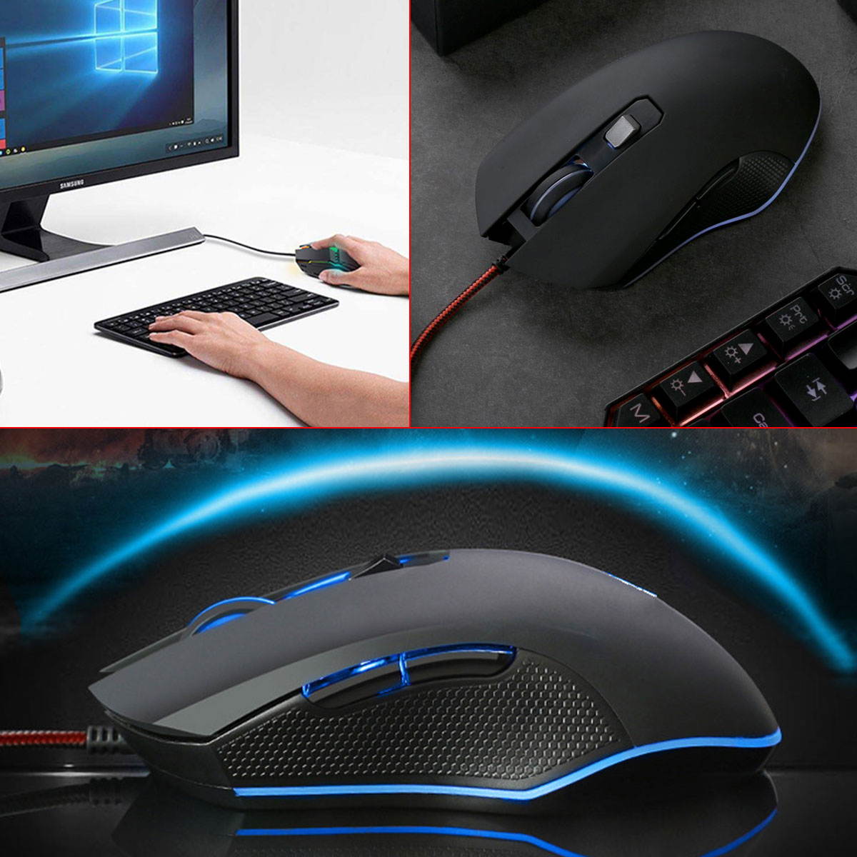 Wired Gaming Mouse RGB Backlight 3200DPI Programmable, Game USB Mice Desktop Laptop Computer PC Gaming Mouse, 6 Buttons Optical Mic for Windows 7/8/10/XP Vista Linux, Black