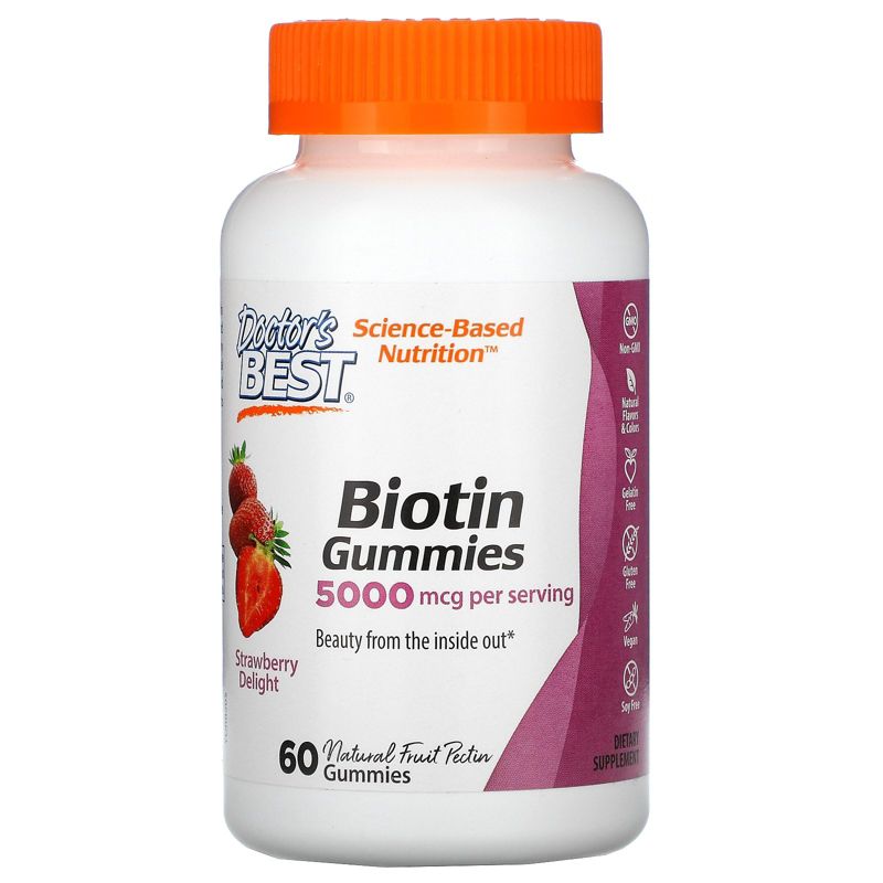 Doctor's Best Biotin Gummies, Strawberry Delight, 5,000 mcg, 60 Gummies, Dietary Supplements