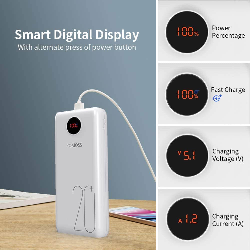 ROMOSS USB C Power Bank, 20000mAh PD Portable Charger 18W 3 Outputs and 3 Inputs External Battery Packs Compatible for iPhone 11/11 Pro, iPad Pro, Nintendo Switch, Samsung S8 and Other Smart Devices