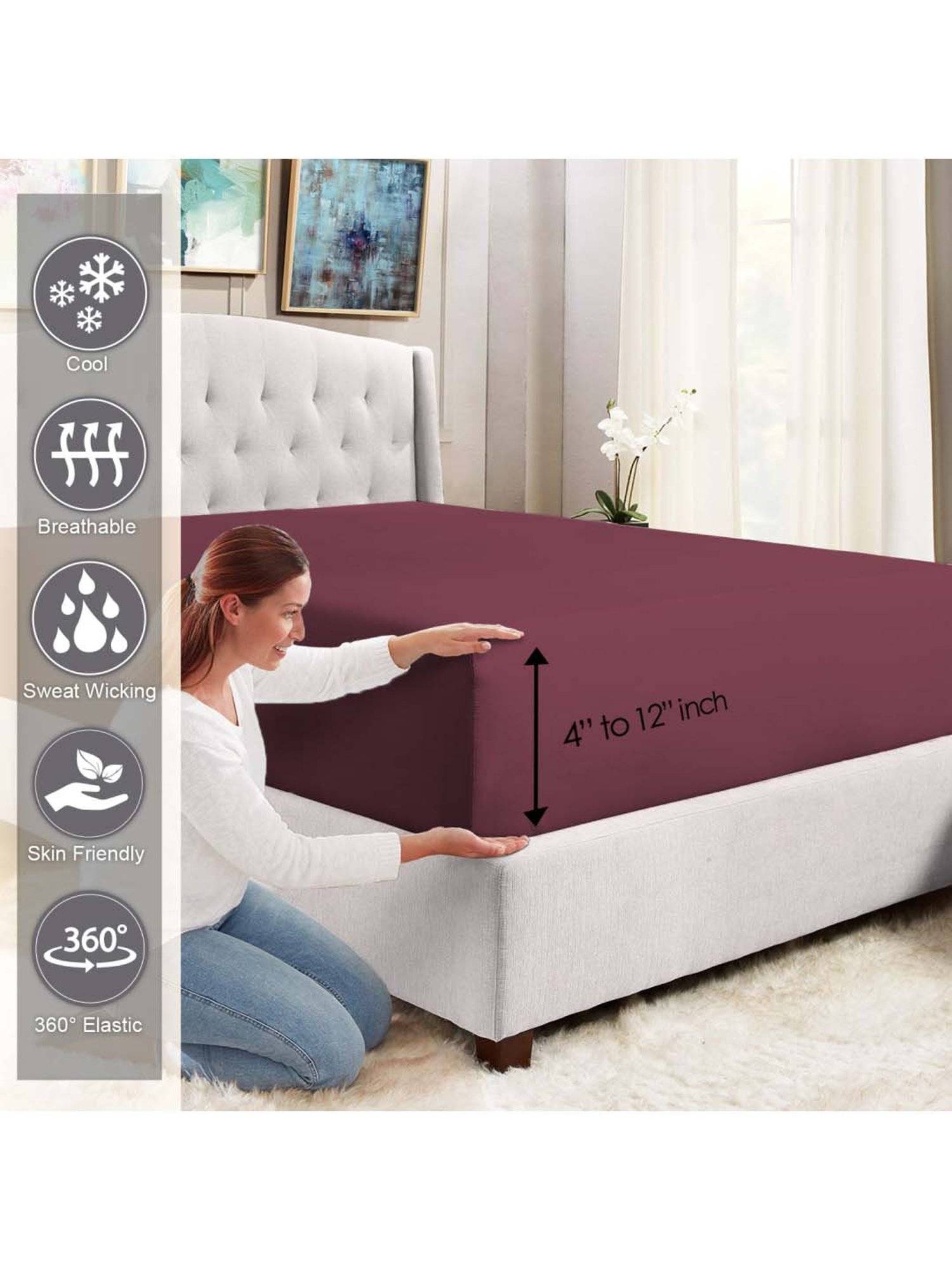 Pizuna 400TC 100% Cotton New Burgundy Fitted Bed Sheet Single Size With 1 Pillow Cover