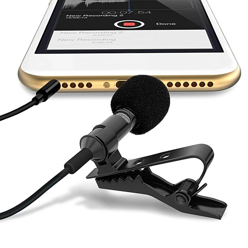 Lavalier Microphone for Bloggers and Vloggers Lapel Mic Clipon Omnidirectional Condenser for iPhone Ipad Samsung Android Windows Smartphones
