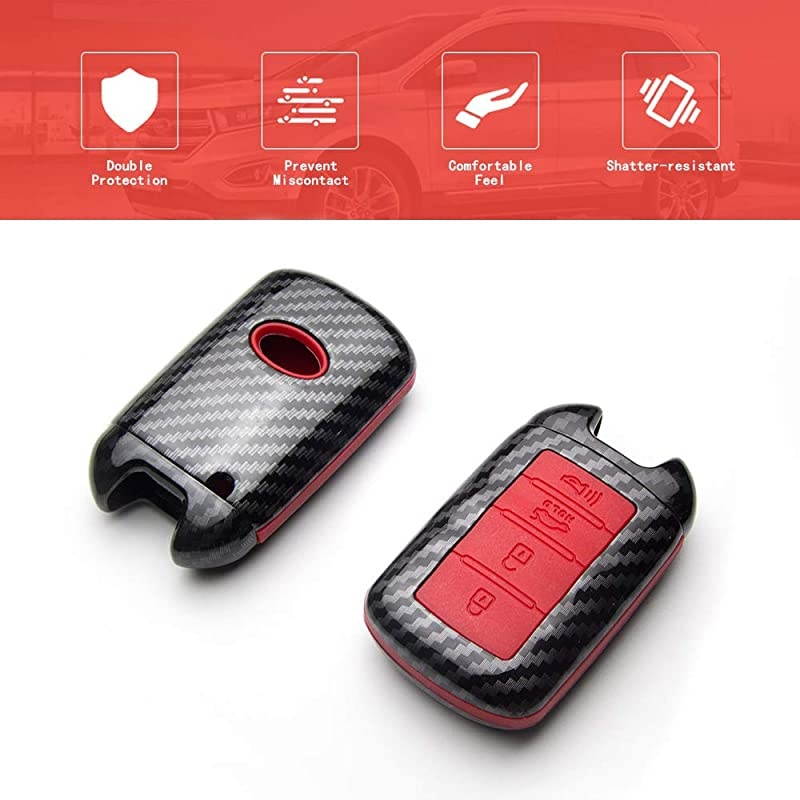 Smart Key Fob Case for KIA CADENZA K900 4 Button Keyless Entry Remote Personalized Protective Cover Plastic Carbon Fiber Pattern Red Silicone