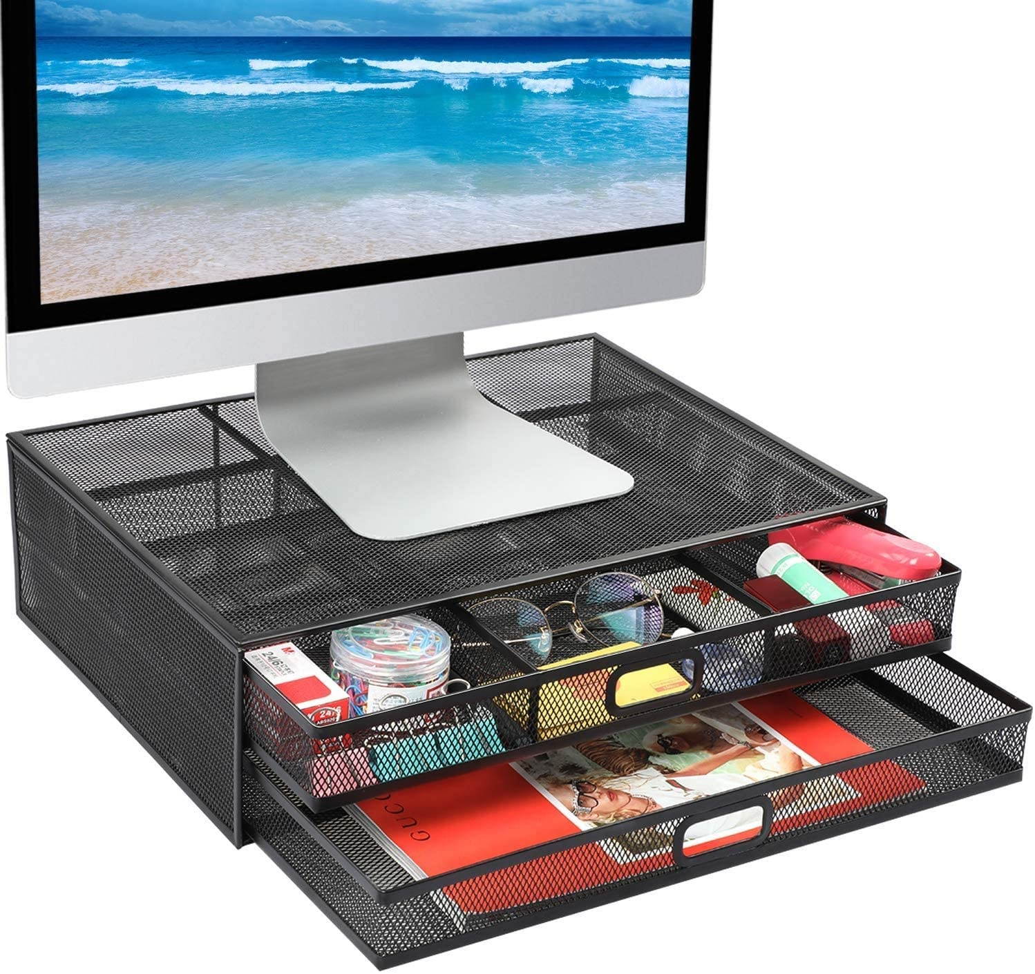 Monitor Stand Riser with Drawer - Mesh Metal Desk Organizer PC Laptop Notebook Printer Holder with Pull Out Storage Drawer