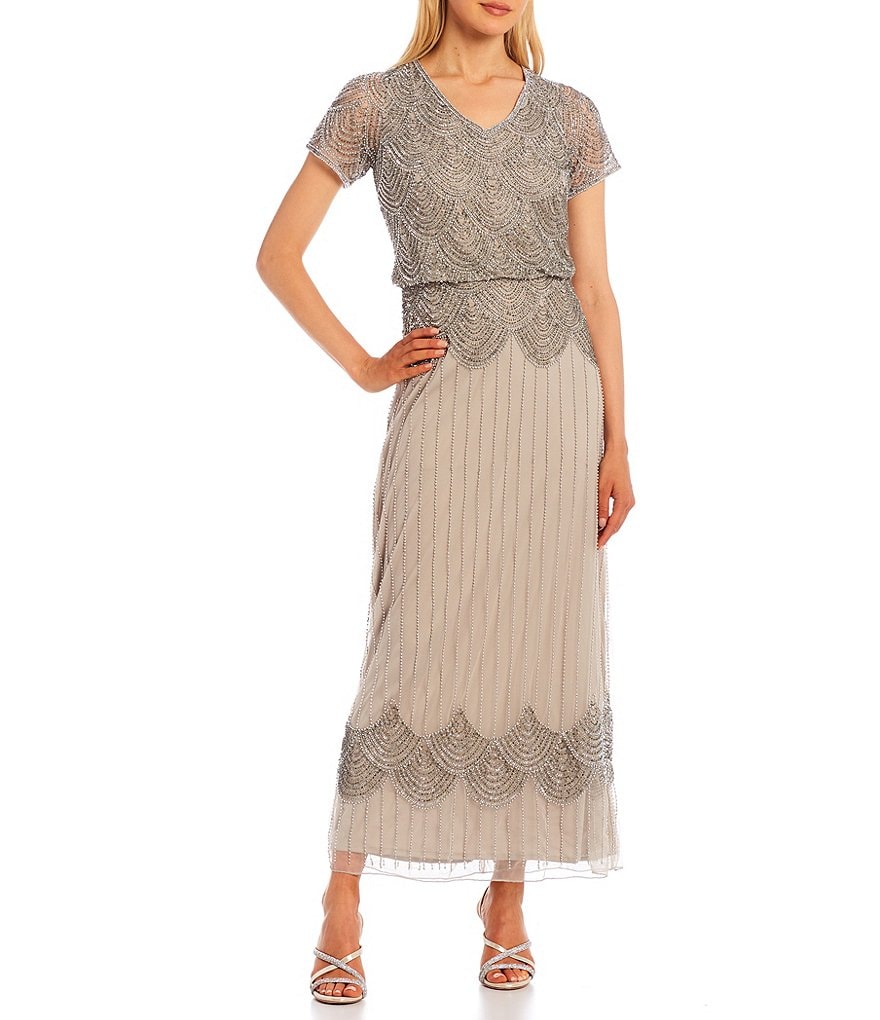 Pisarro Nights Scalloped Beaded Blouson V-Neck Short Sleeve Long Dress