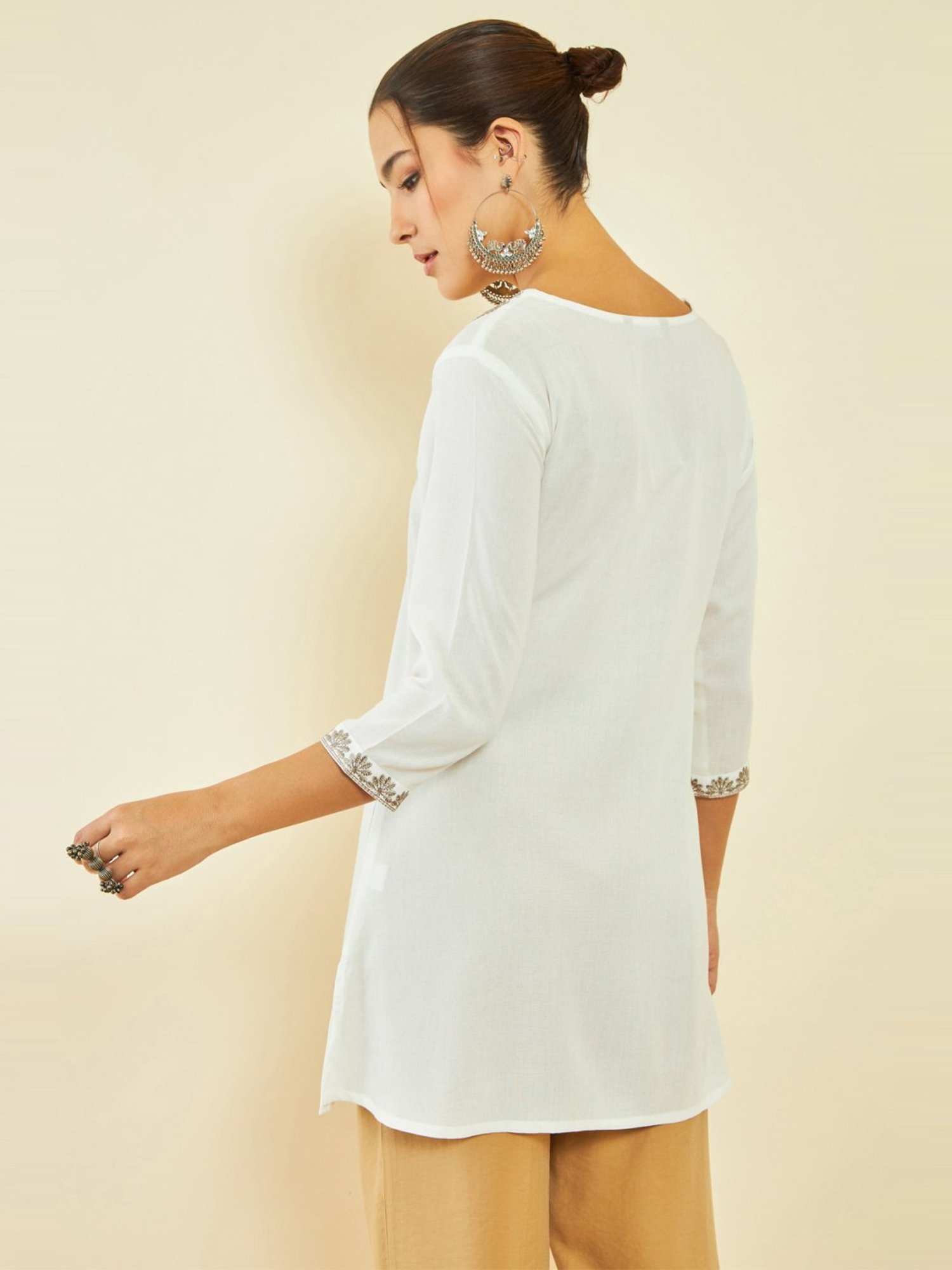 Soch Off White Rayon Paisley Embroidered A-Line Tunic with Vented Hemline