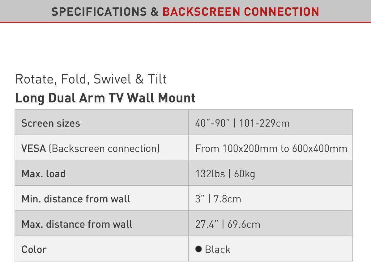 Barkan TV Wall Mount, 40-90 inch Dual Arm Full Motion Articulating - 4 Movement Flat/Curved Screen Bracket, Up to 132 lbs, Extra Stable, UL Listed, Fits LED OLED LCD