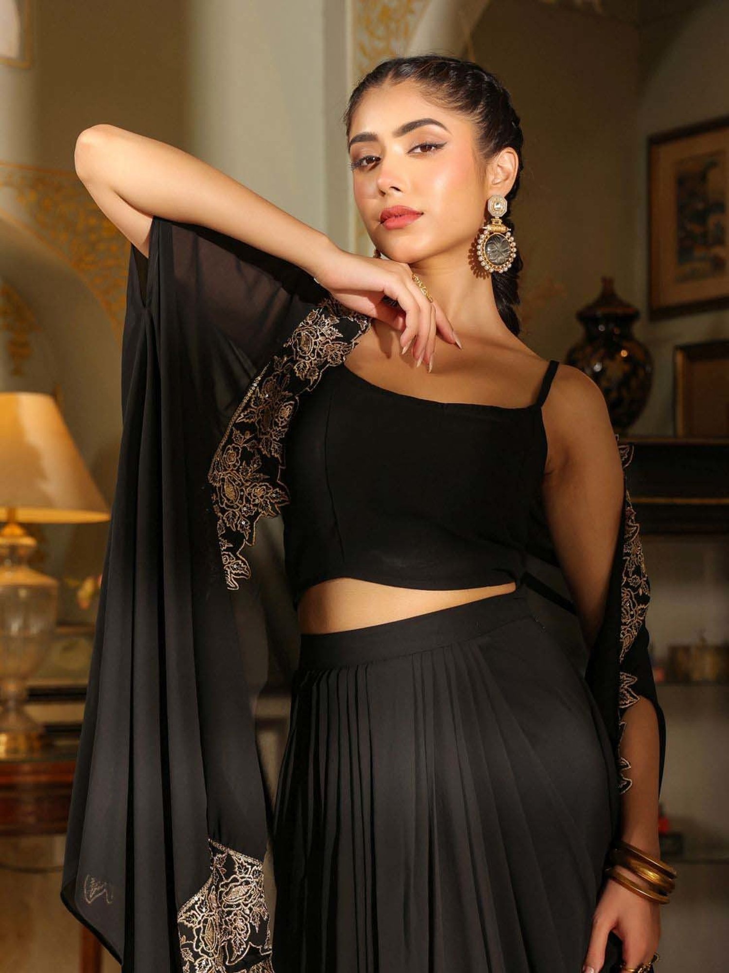 Janasya Black Embroidered Crop Top Skirt Set With Cape