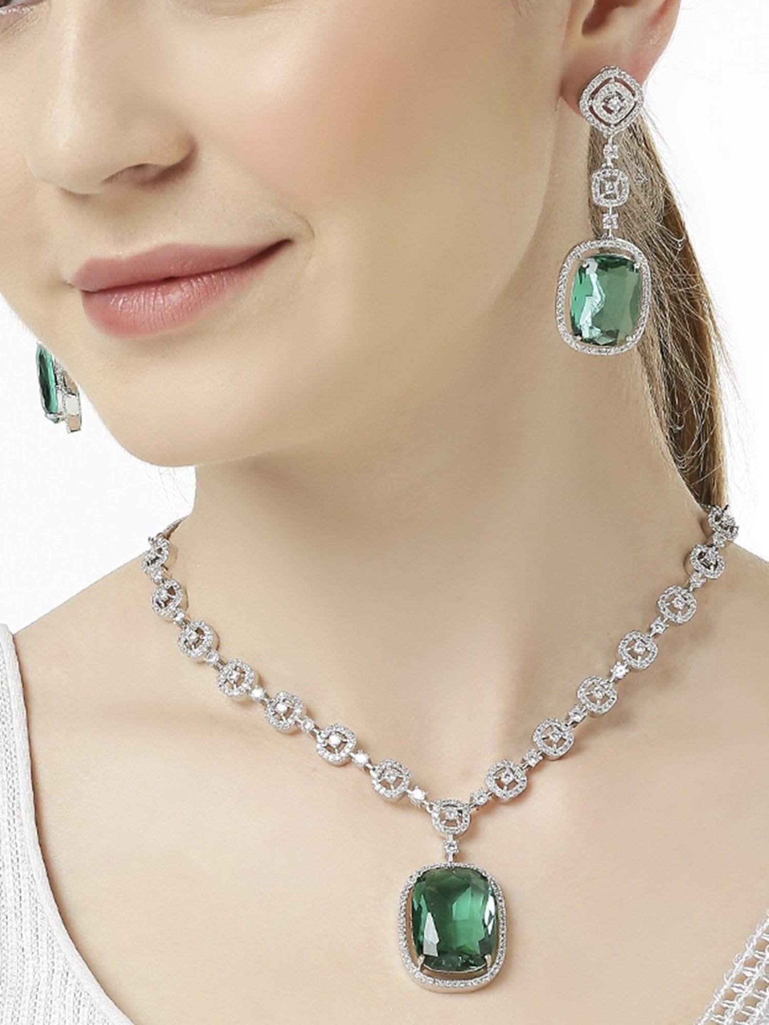 OOMPH Green American Diamond Large Rectangle Drop Pendant Necklace Set with Earrings