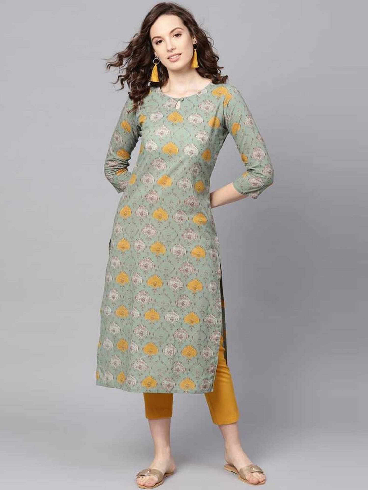 Vaamsi Olive Green Rayon Printed Straight Kurta