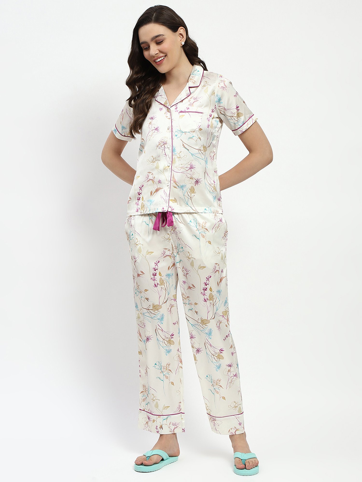 MADAME M Secret Off White Floral Print Shirt With Pyjamas
