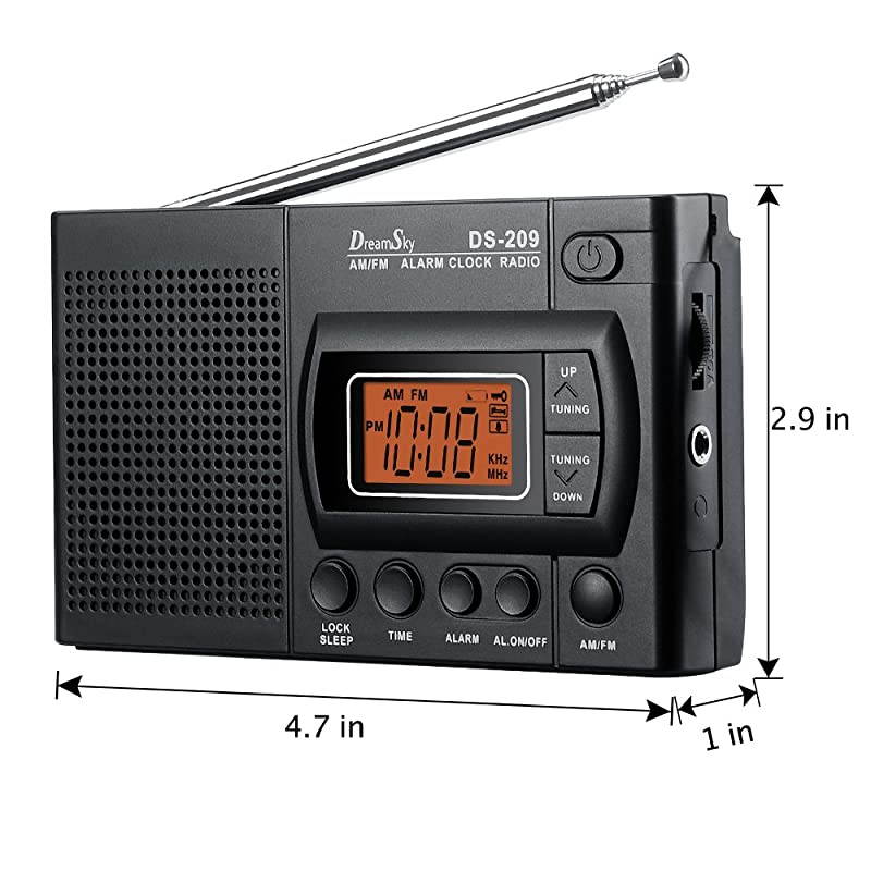 Portable AMFM Radio Alarm Clock Earphone Jack 1224H Time Display with Backlight Ascending Alarms Battery Operated Sleep Timer AA Battery Included for Walking Emergency