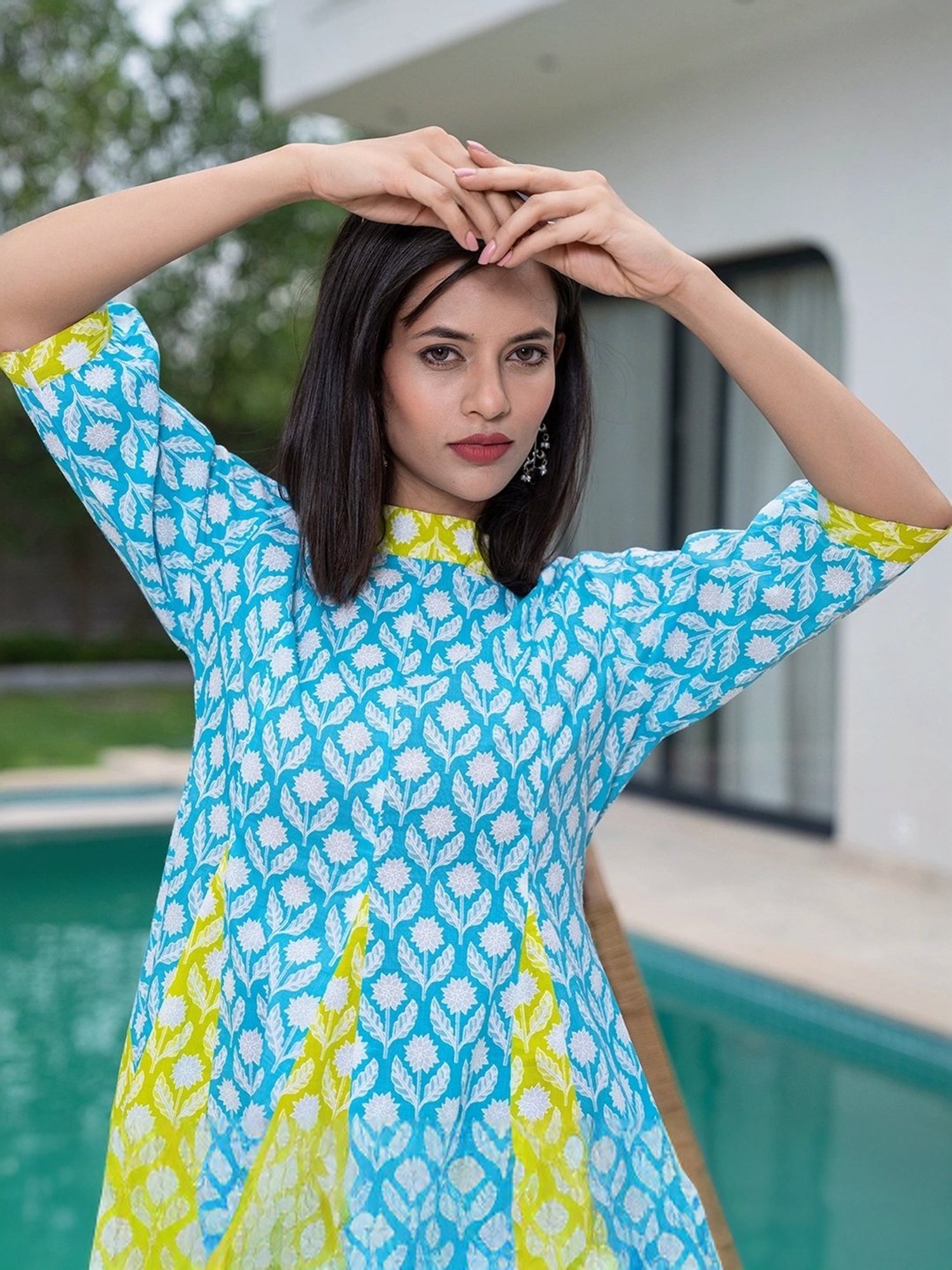 Yufta Blue & Green Cotton Printed A-Line Dress
