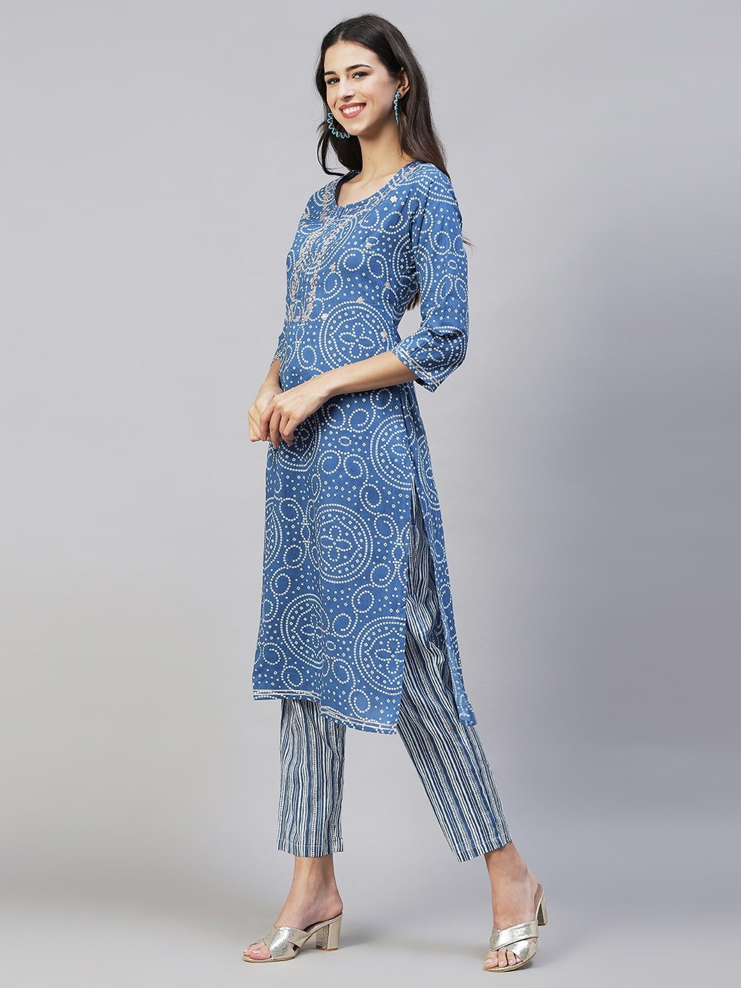 Fashor Blue Cotton Printed Kurta Pant Set