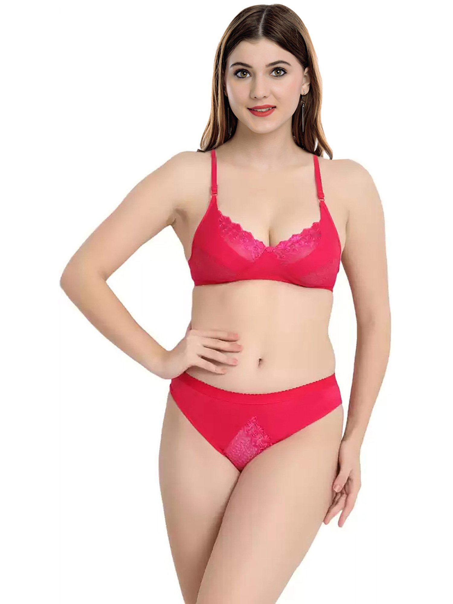 AROUSY Red & Black Cotton Self Pattern Bra Panty Set - Pack Of 3