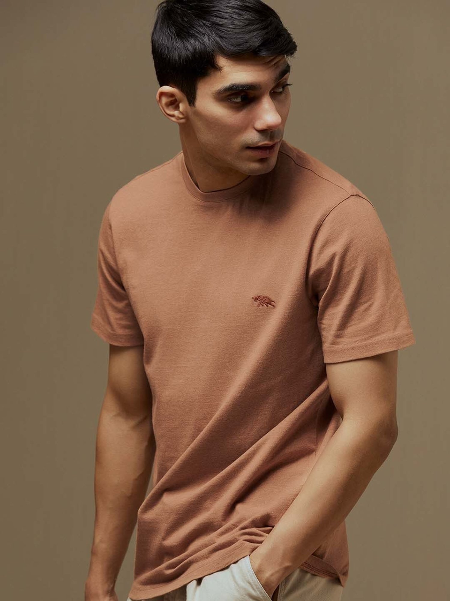 ANDAMEN Light Brown Regular Fit Crew T-Shirt