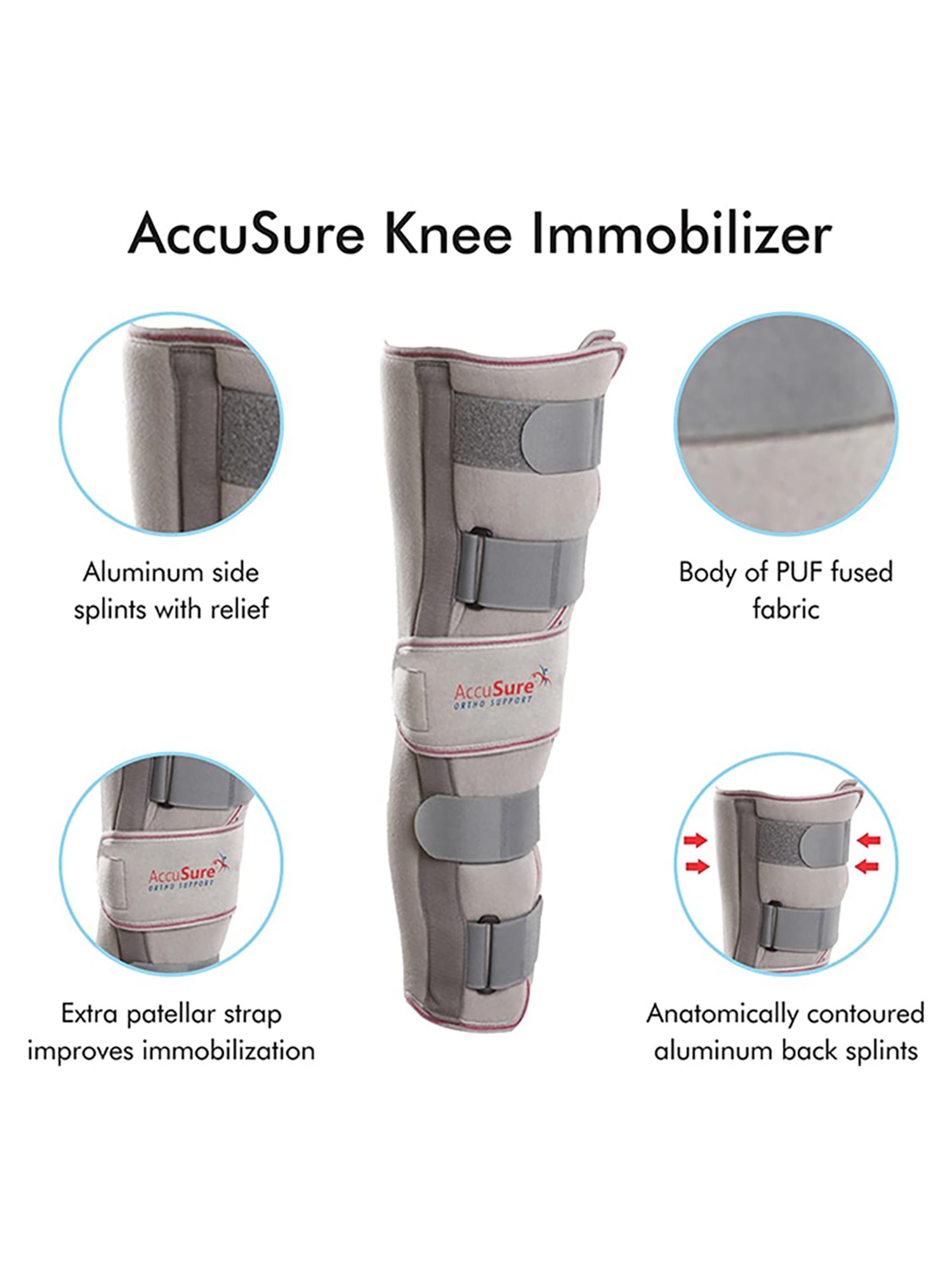 AccuSure Adjustable Premium Knee Brace Immobilizer - 19 Inch Large 40-48 Inch (Grey)