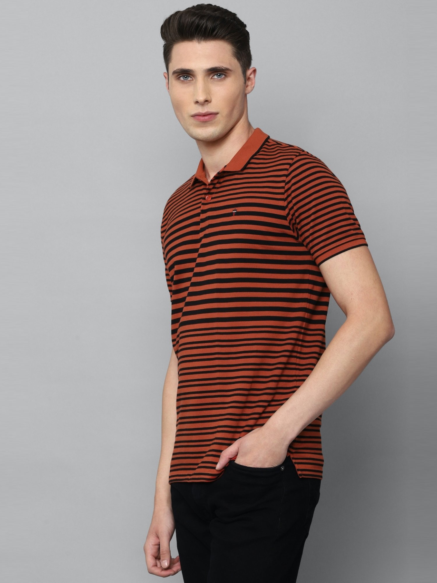 Louis Philippe Sport Black & Orange Cotton Slim Fit Striped Polo T-Shirt