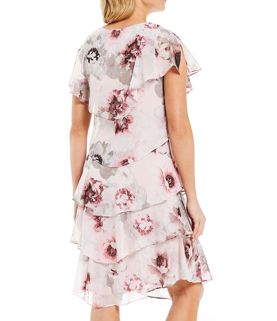 Ignite Evenings V-Neck Short Sleeve Floral Print Tiered Ruffle Dress