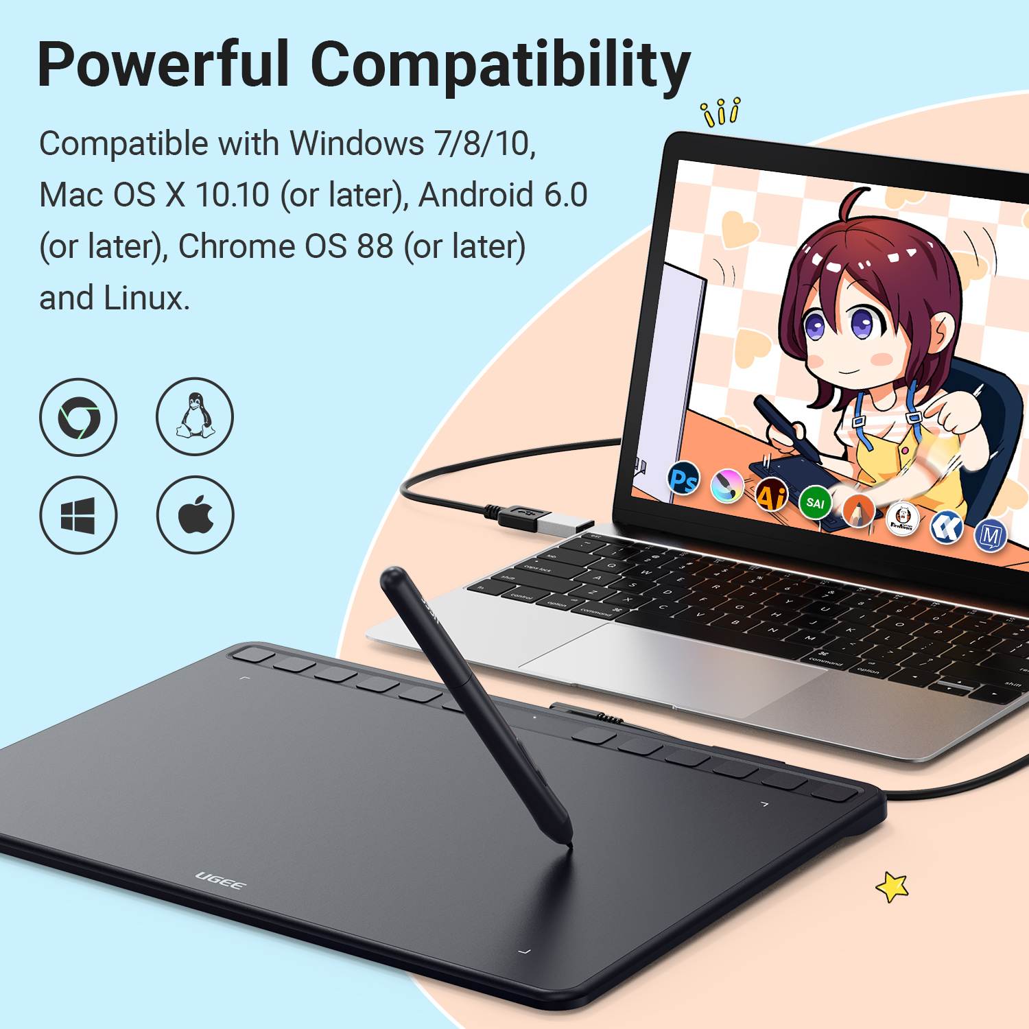 UGEE S1060 Graphics Drawing Tablet, 10X6.27 Inches Graphic Pen Tablet with 12 Shortcut Keys,Battery-free 8192 Passive Stylus ,Work on Android, Windows, MAC OS, Chrome OS,Linux