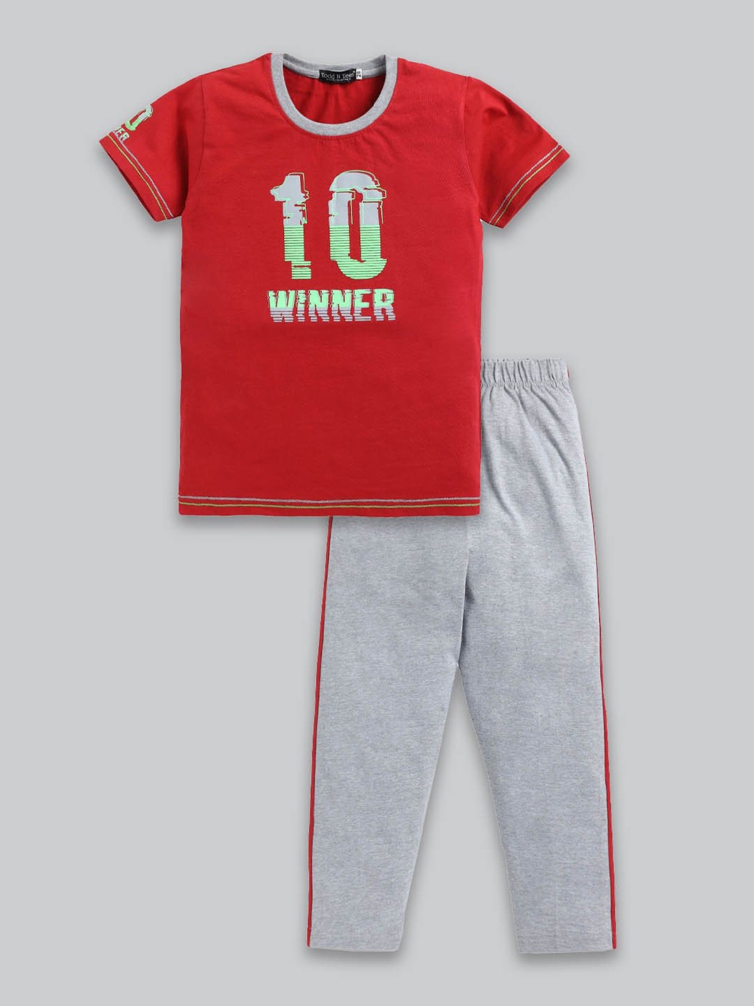 Todd N Teen Kids Red & Grey Graphic Print T-Shirt with Trackpants