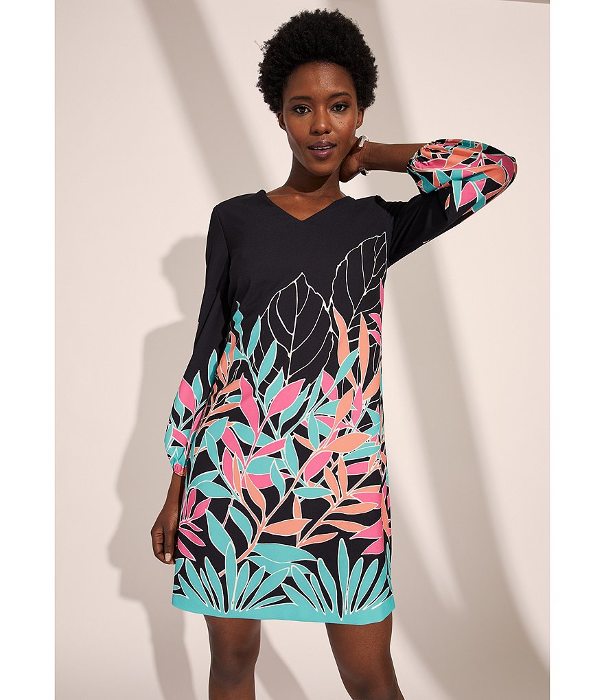 Tahari ASL V-Neck 3/4 Puff Sleeve Leaf Motif Shift Dress