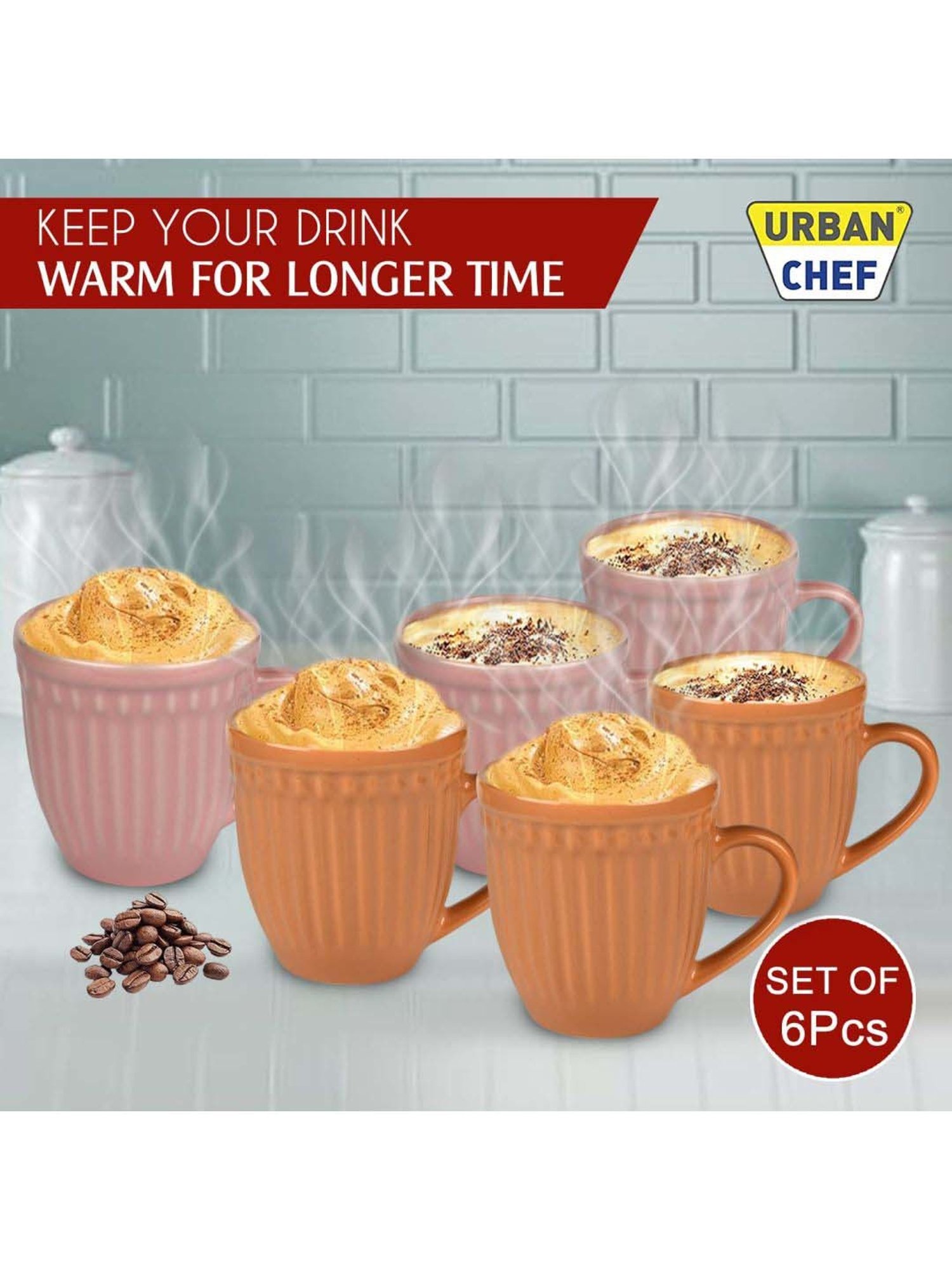 Urban Chef Pink & Brown Ceramic Handcrafted Microwave Safe Tea Cup - Set of 6