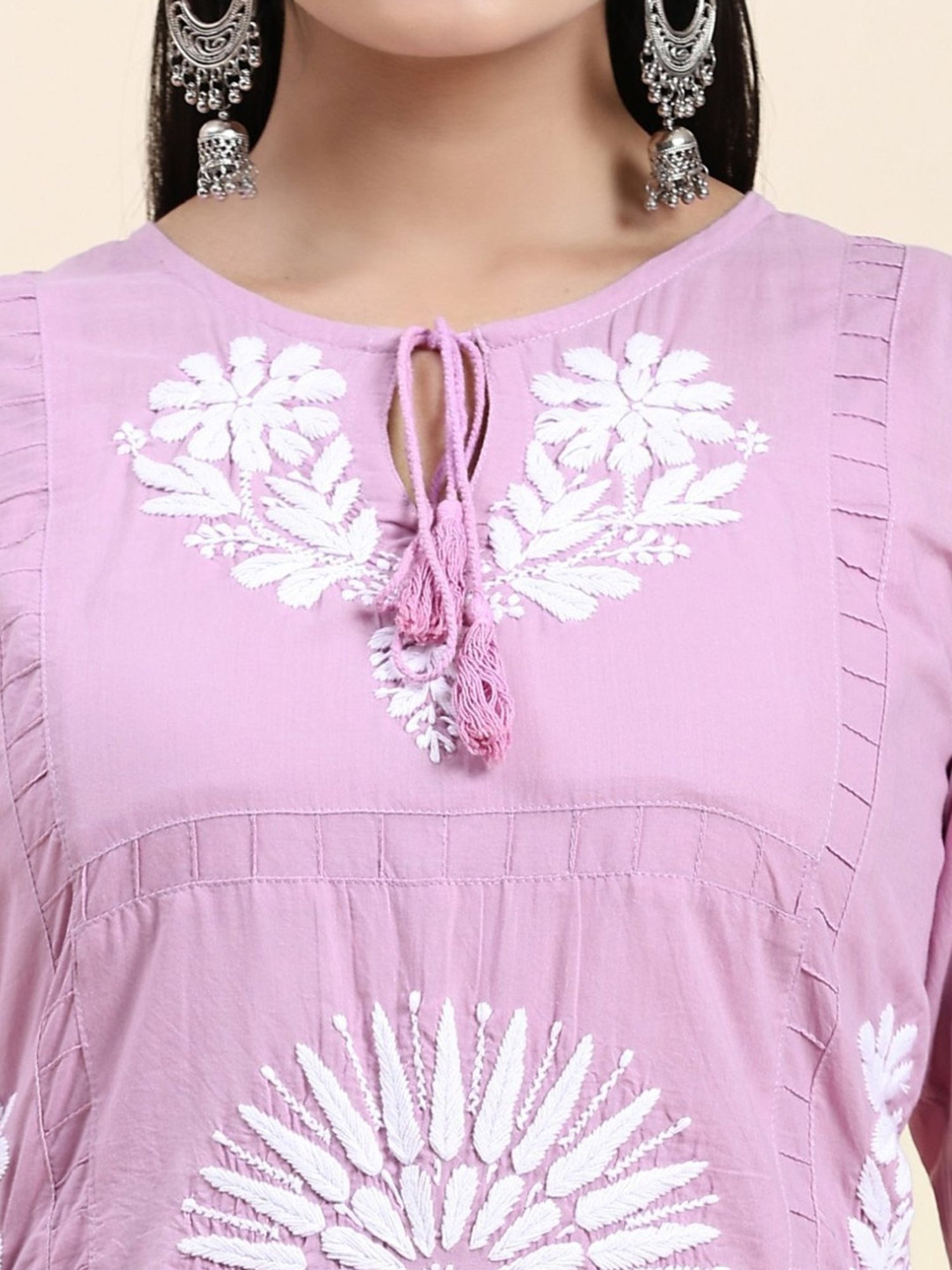 House Of Kari Samma Chikankari Long Kurti In Cotton for Women- Lavender