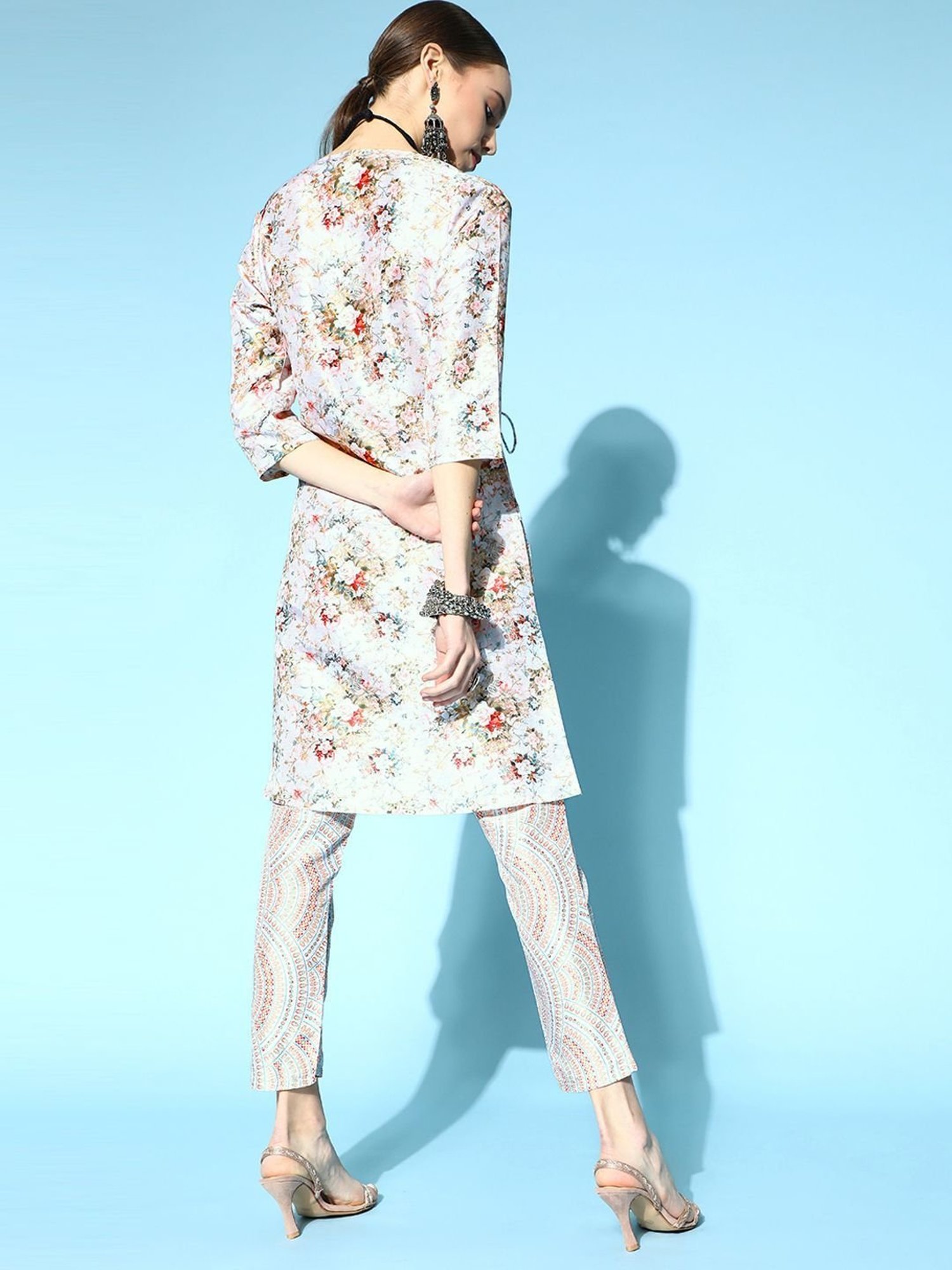 Ziyaa Blue Floral Print Kurti Pant Set