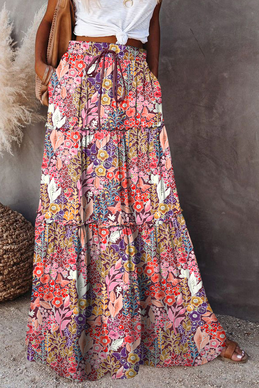 I.N. Studio Romantic Ditsy Floral Print Pucker Knit Tiered Midi Skirt