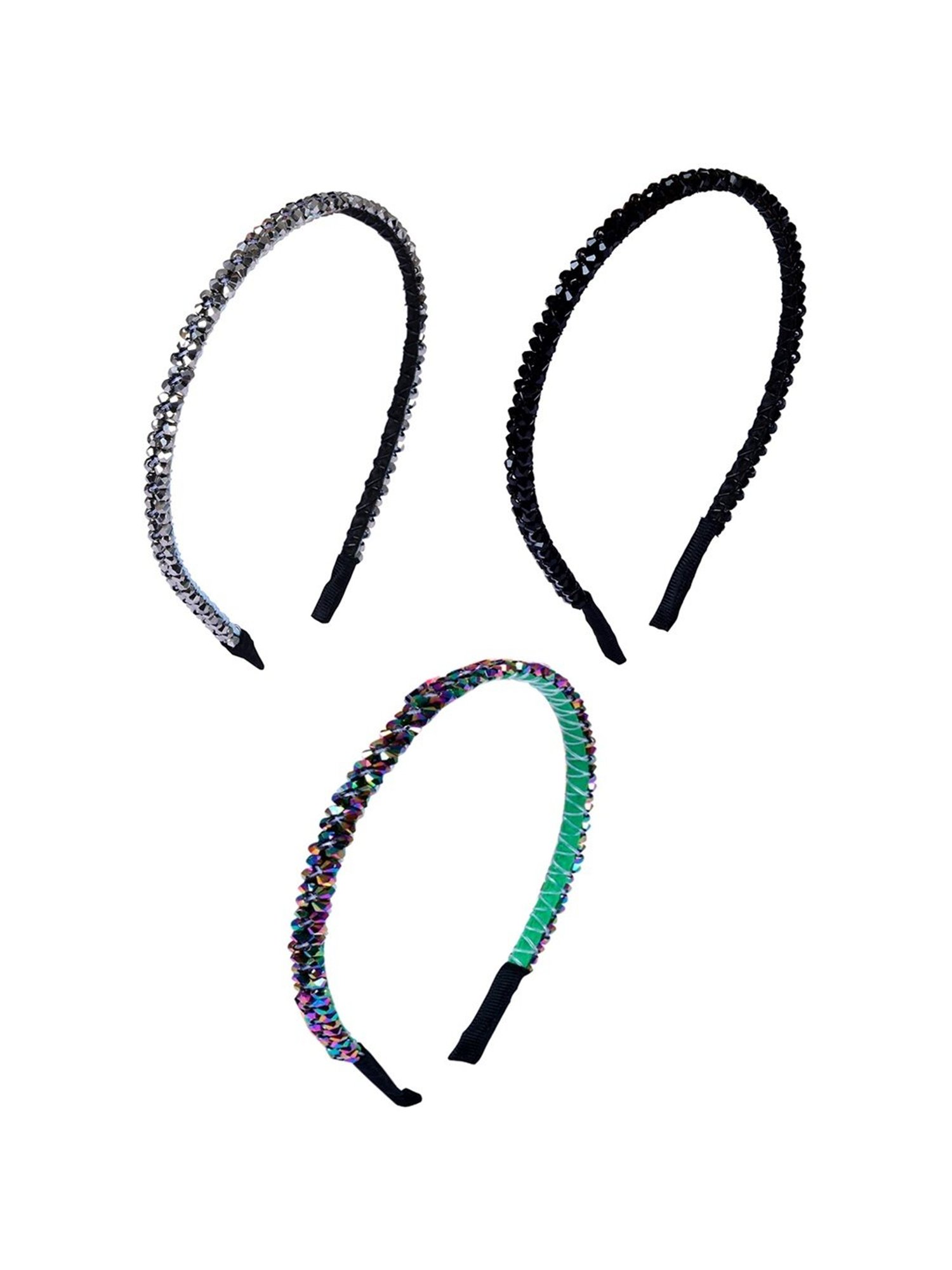 OOMPH Black, Silver Metallic Multicolor Shimmer Crystal Studded Thin Hair Band - Combo of 3