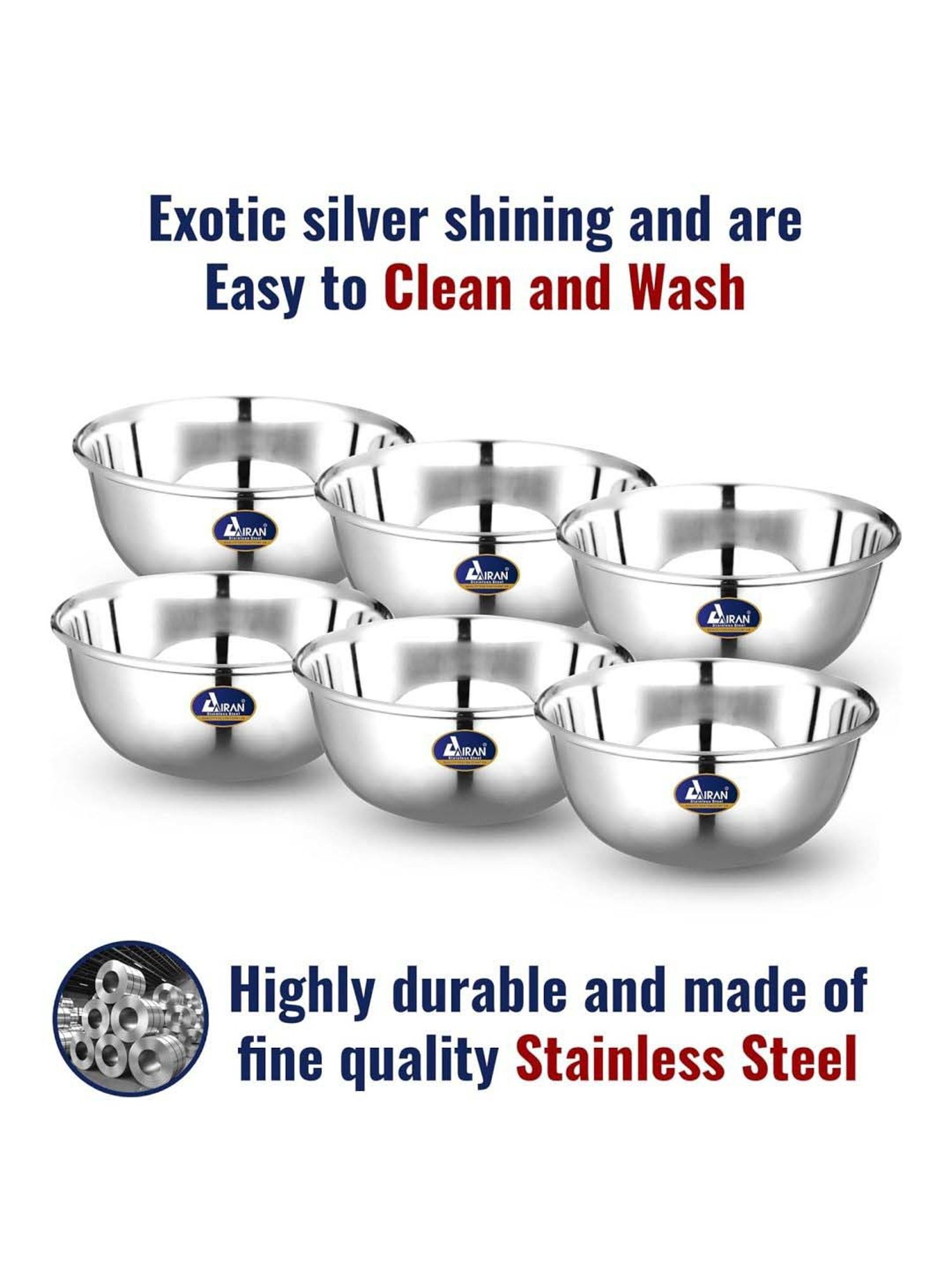 Airan Silver Stainless Steel Bowl - Set of 6