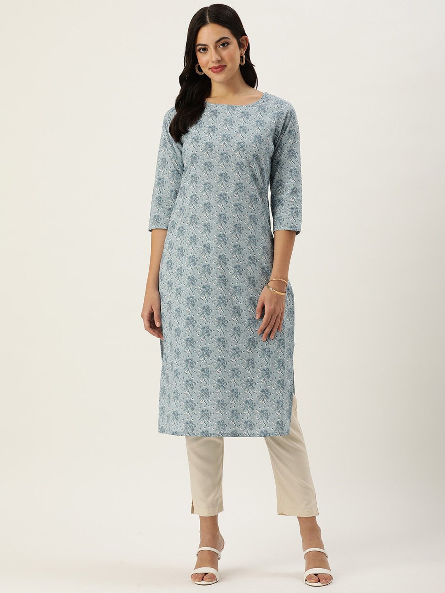 Amukti Blue Cotton Floral Print Straight Kurta