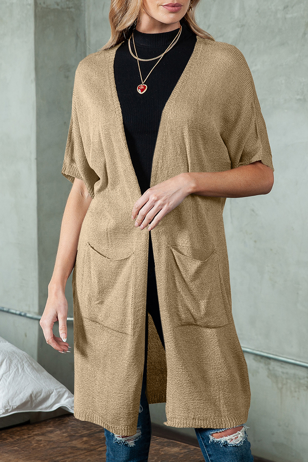 Khaki Dolman Half Sleeve Pocketed Long Cardigan