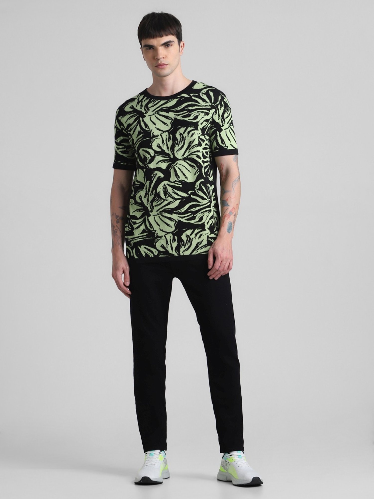 Jack & Jones Jet Black Cotton Slim Fit Self Pattern Sweater