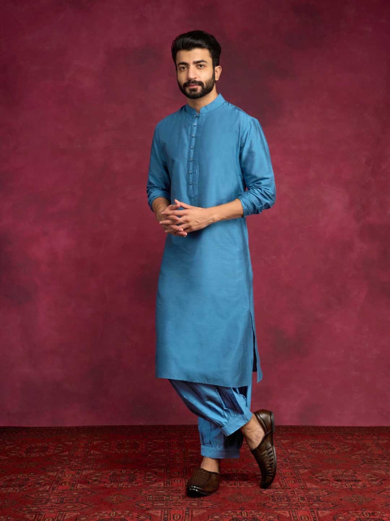 Abhishti Ocean Blue Straight Fit Side Tie-Up Kurta & Pathani Pants Set