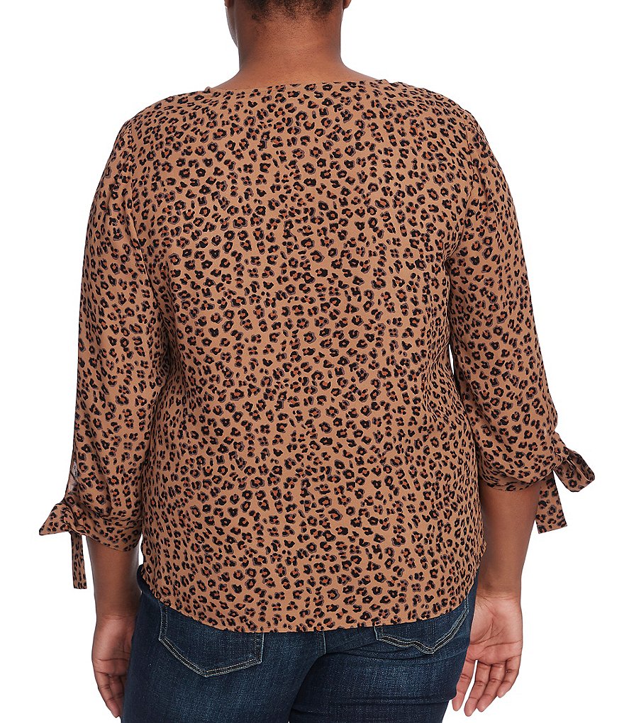 CeCe Plus Size V-Neck 3/4 Tie Detail Sleeve Leopard Print Blouse
