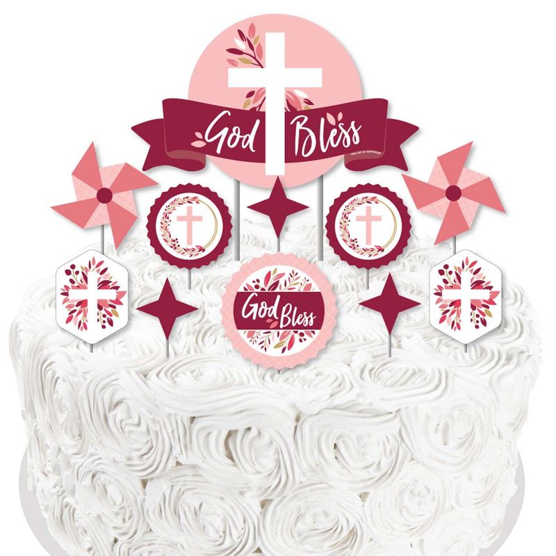 Big Dot of Happiness Pink Elegant Cross - Girl Religious Party Cake Decorating Kit - God Bless Cake Topper Set - 11 Pieces