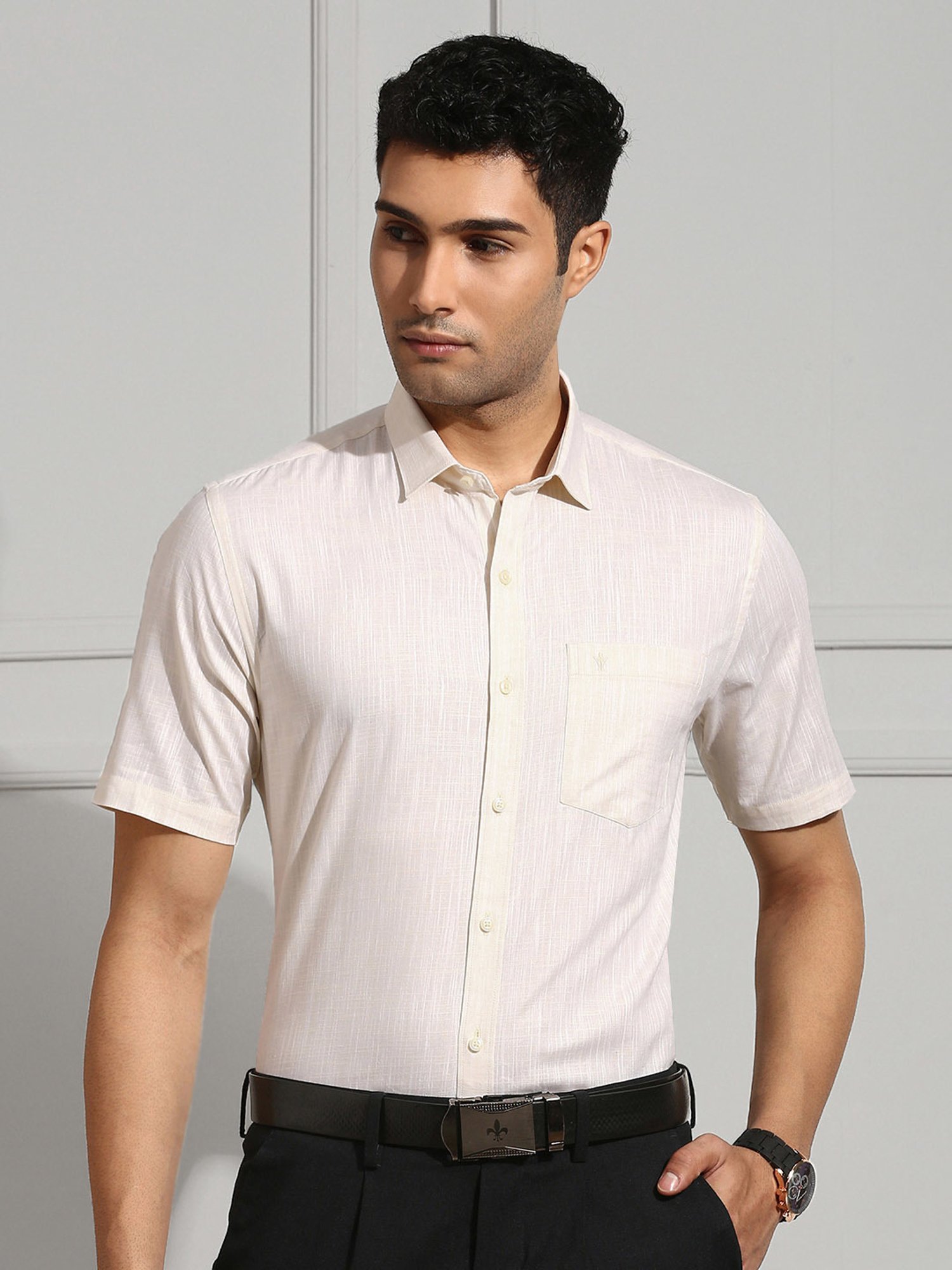 Ramraj Cream Regular Fit Textured Cotton Shirt