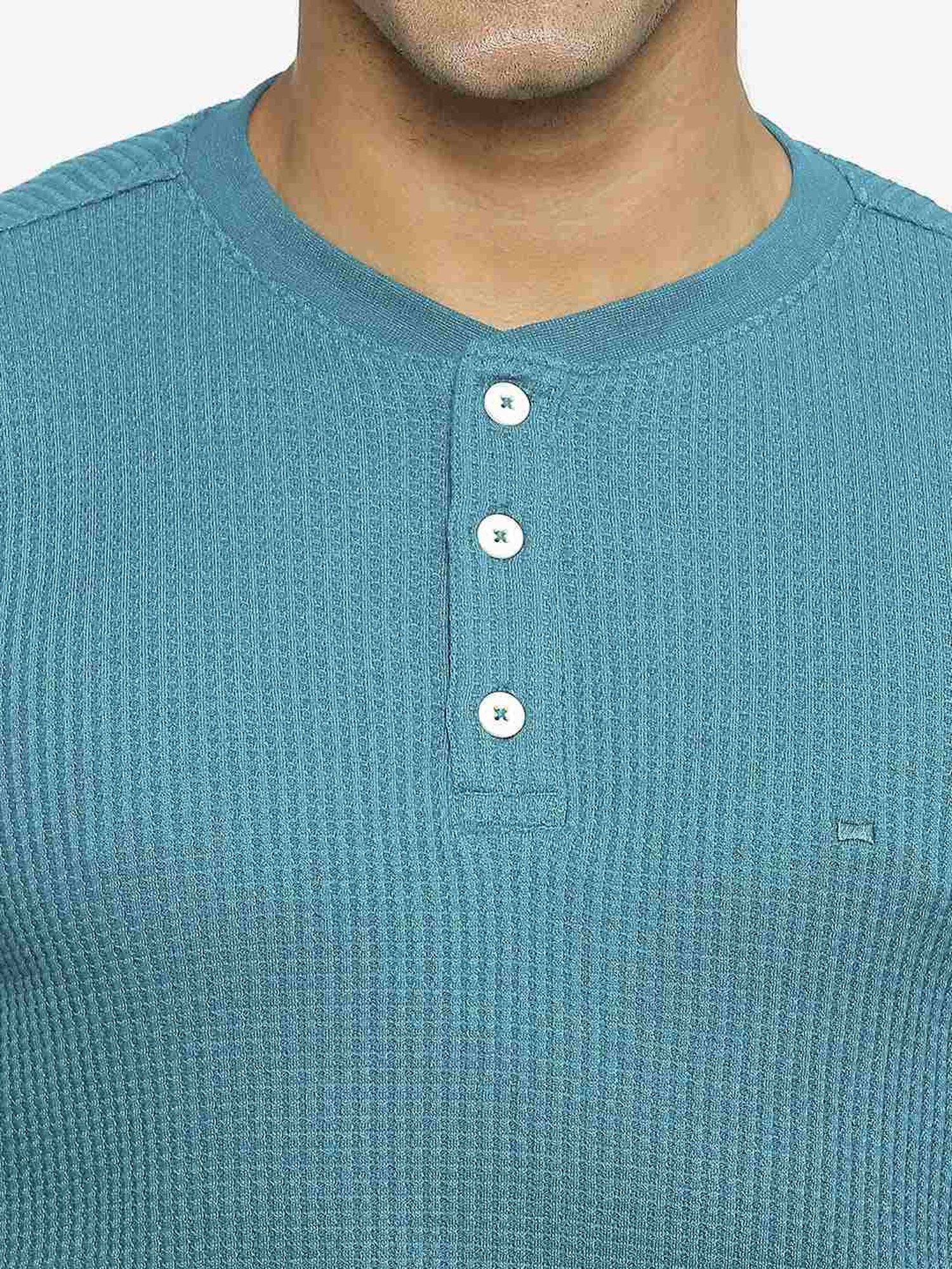 Basics Green Cotton Muscle Fit Texture Henley T-Shirt