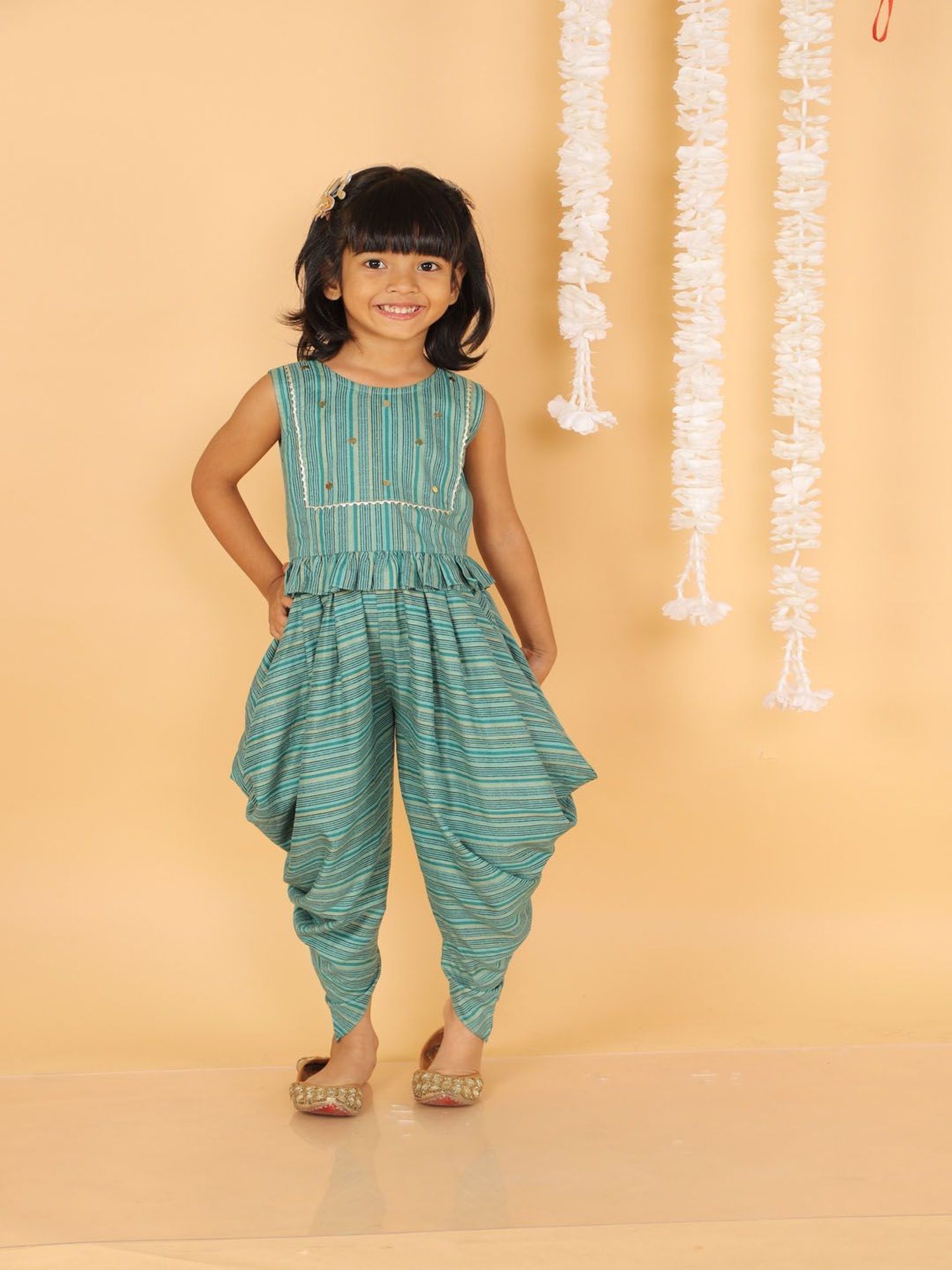 Lil Drama Kids Green Striped Top with Dhoti