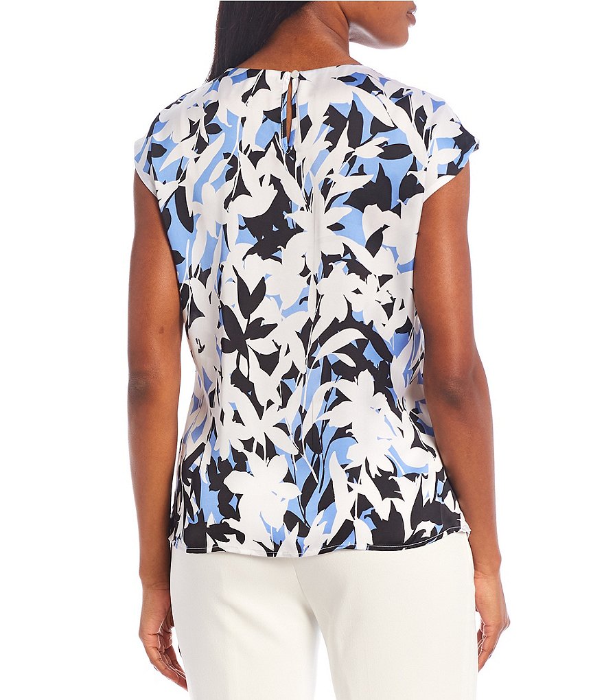 Kasper Petite Size Bold Floral Printed Cap Sleeve Satin Chiffon Top