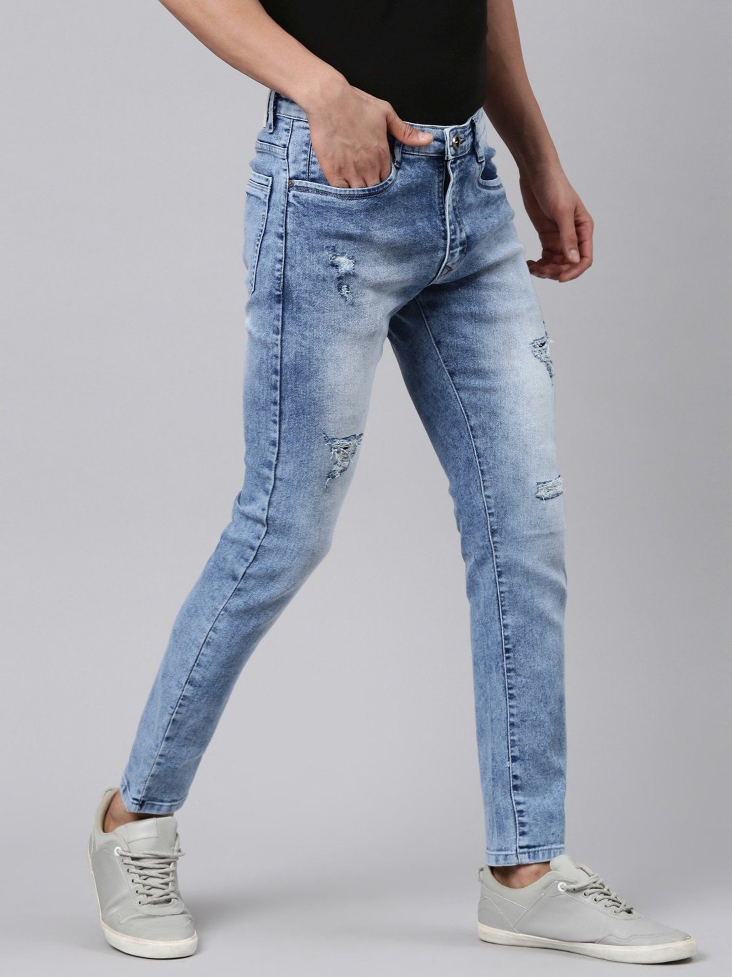 CINOCCI Light Blue Cotton Slim Fit Distressed Jeans