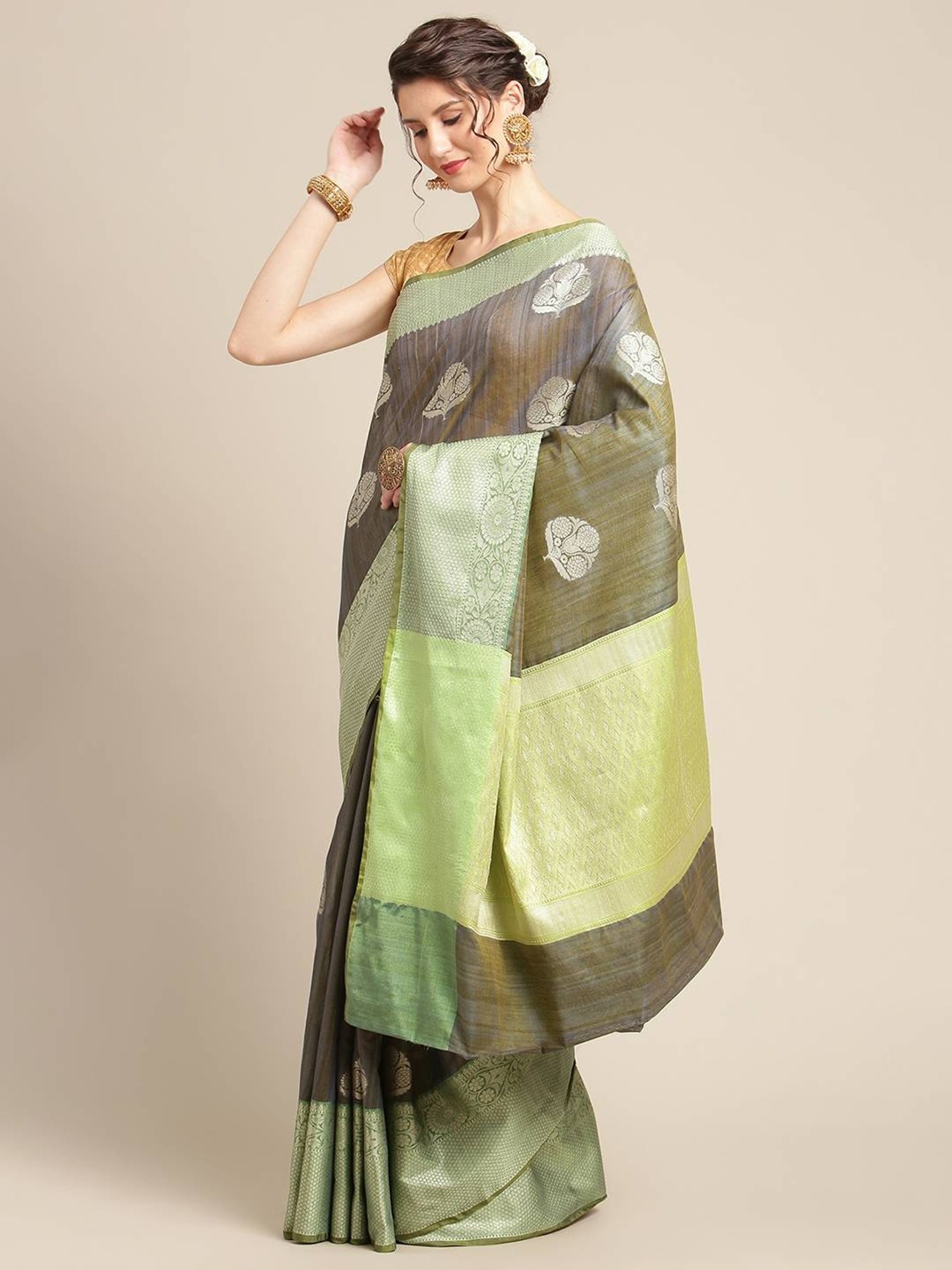 Banarasi Silk Works Grey Woven Saree with Blouse